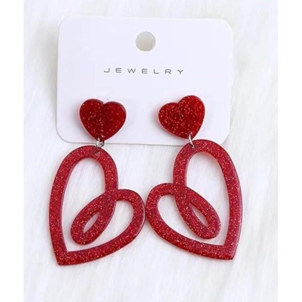 Double‎ Heart Dangle Red Valentine's Earrings Sparkle Love Acrylic